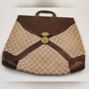 Gucci Brown Leather & Cream Logo Monogram Satchel Bag Vintage